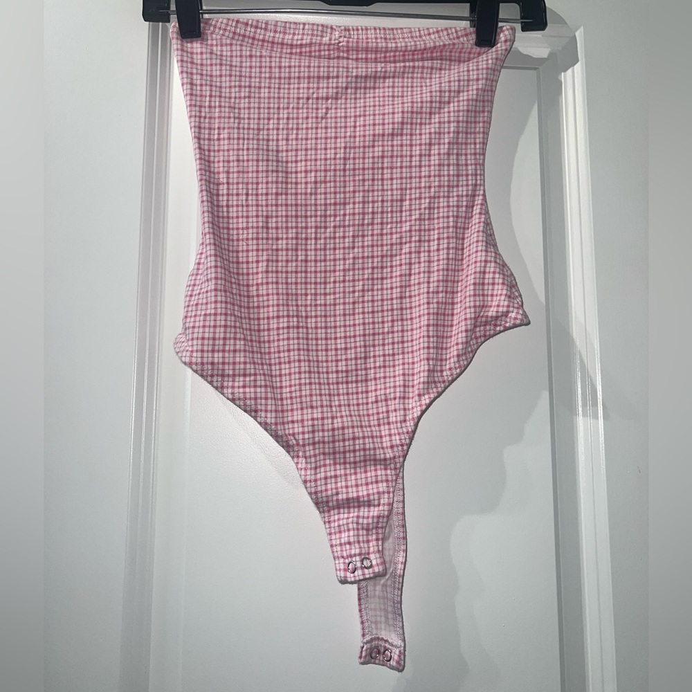 pink strapless plaid body suite